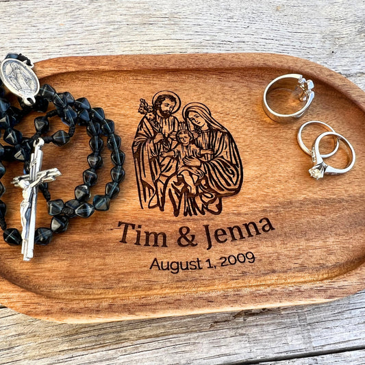 Small oval tray with holy family image and name of couple plus wedding date